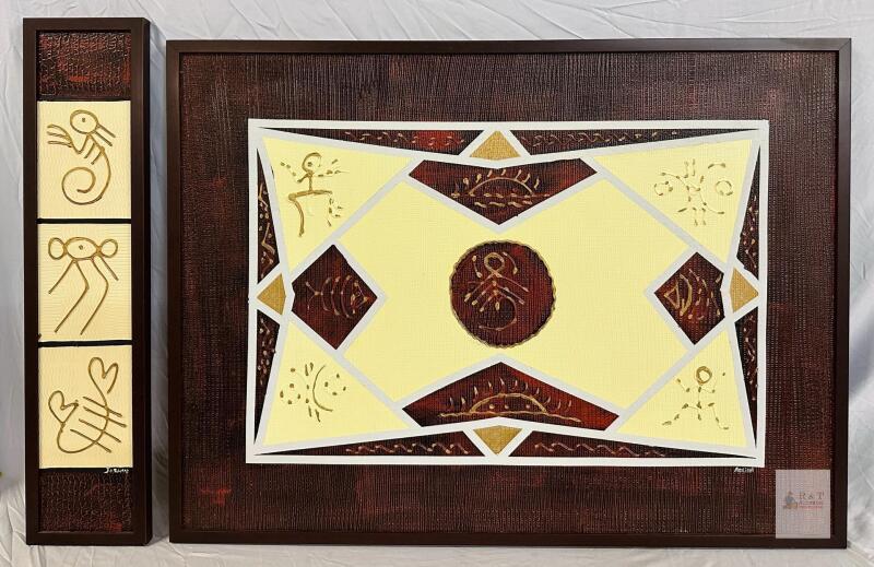 J. Rempe & Adlina Framed Abstract Primitive Art Set &ndash; Original Acrylic, 7&rdquo; x 30&rdquo; and 39&rdquo; x 29&rdquo;.