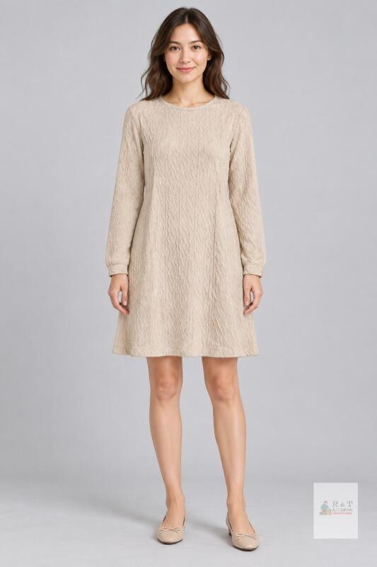 new JAN WEGELN Women's Long-Sleeve Textured Dress, Size S, Light Beige