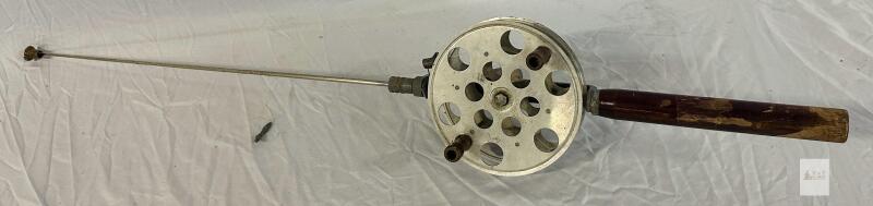 Vintage Ice Fishing Rod 42" with Steel Shaft, Wood Handle, Aluminum Center Pin Reel, 1940s-60s