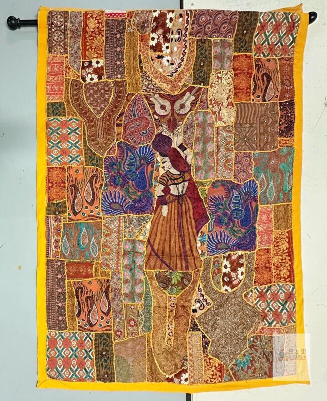 Handcrafted Indian Patchwork Embroidered Wall Hanging, 42&rdquo; x 60&rdquo; Pole is 47&rdquo; long., Multicolor, Rod Tabs