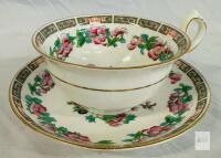 Tuscan China England Teacup & Saucer, Rose Medallion Floral, Gold Trim, c.1936-1947, Bone China
