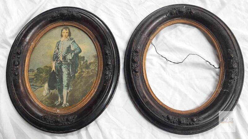 Antique Victorian Oval Wood Picture Frames, Gesso Floral Accent, "Blue Boy" Print, Pair