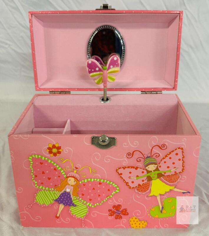 Pink Children's Musical Jewelry Box with Fairy and Butterfly Design, Wind-Up Mechanism