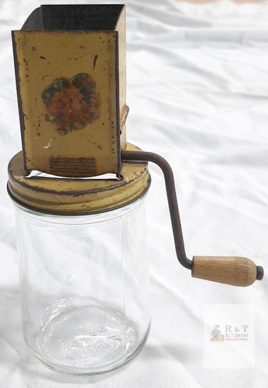 Vintage Hand Crank Nut Chopper, Yellow Painted Steel Lid, Glass Jar, &ldquo;539 FA&rdquo;, 1940s-50s