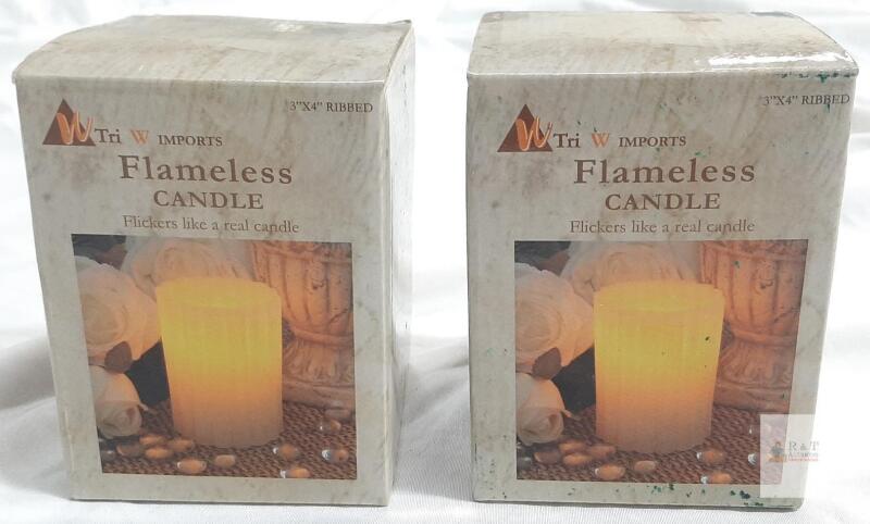 Tri W Imports Flameless Candle 3"x4" Ribbed Real Wax Ivory, Battery Operated, 2-Pack, with Batteries
