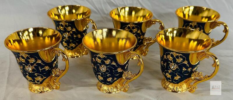 Ornate Gold-Plated Porcelain Cups Set of 6 &ndash; Blue Enamel, Floral Scrollwork, Faux Gem Accents