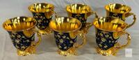 Ornate Gold-Plated Porcelain Cups Set of 6 &ndash; Blue Enamel, Floral Scrollwork, Faux Gem Accents