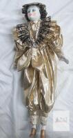Gold Harlequin Porcelain Doll, 15" Clown, Blue Eyes, Gold Suit, Ruffled Hat