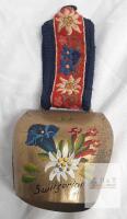 Hand-Painted Swiss Cowbell, Brass with Floral Motif, Embroidered Strap, Switzerland