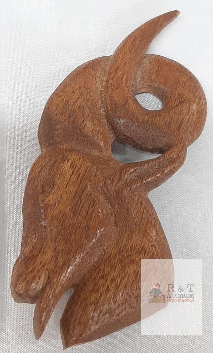 Hand-Carved Wooden Animal Brooch with Metal Clasp,