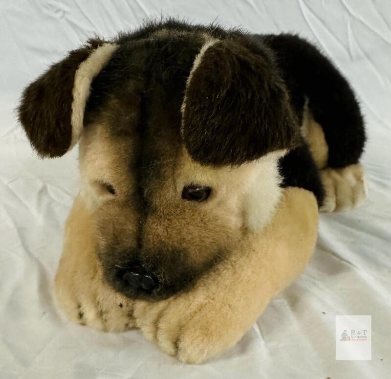 Realistic Plush Lying Dog Stuffed Animal, Tan/Black, 15 Inches, Plastic Eyes & Nose