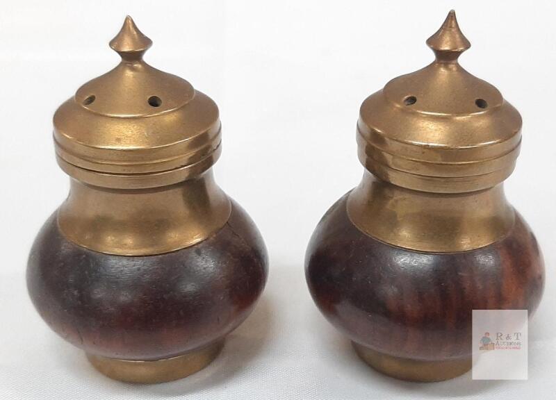 Vintage Wood & Brass Salt and Pepper Shakers &ndash; 2" Tall, Mid-20th Century Design