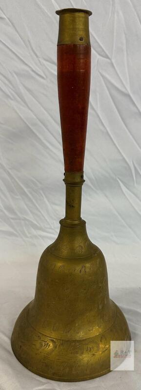 Antique Brass Handbell with Wooden Handle, 12" Tall, Hand-Etched Leaf Motifs, c. 1900s
