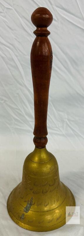 Vintage Brass Handbell with Wooden Handle & Engraved Motif, Height, Circa 20th Century