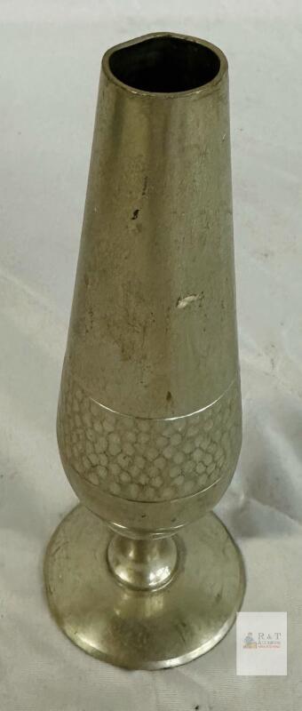 Vintage Silver-Plated Brass Bud Vase with Hammered Band, 6" Tall