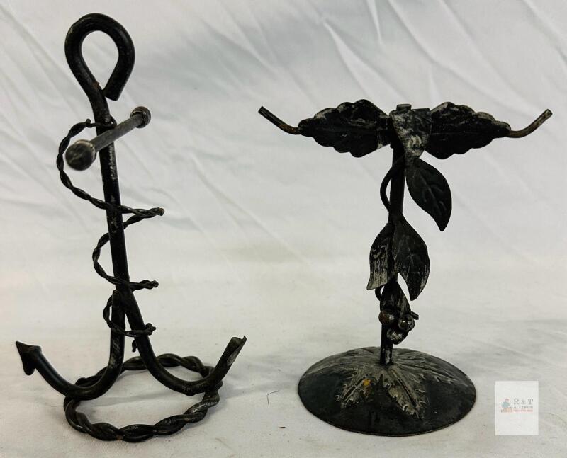 Hand-Forged Wrought Iron Anchor and Leaf Motif Candle Holders, Black Patina
