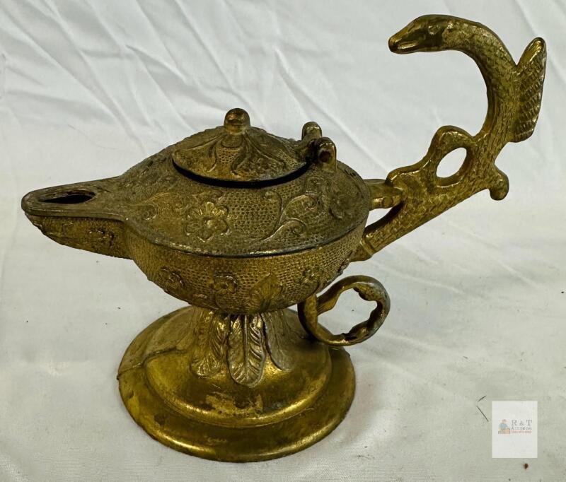 Vintage Brass Aladdin-Style Oil Lamp with Ornate Animal Handle and Floral Motifs