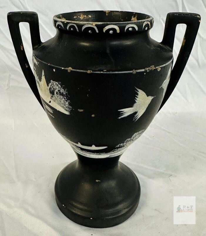 Neoclassical Black Ceramic Urn with White Decoration, 7" Tall, Two Handles, Pedestal Base