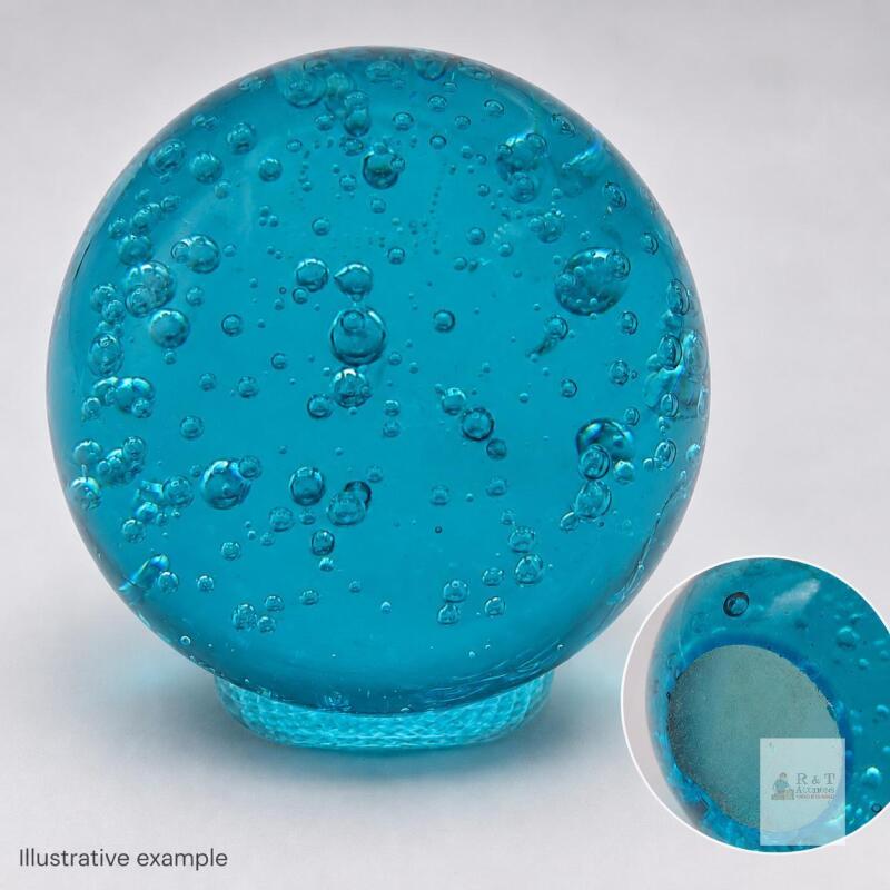 Blue Art Glass Paperweight with Suspended Bubbles, 3.15 in Diameter, Frosted Base