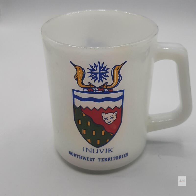 Vintage Fire-King Mug Inuvik Northwest Territories Canada Crest Gold Rim Milk Glass 8 oz USA