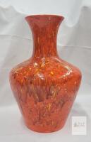 1976 Hand-Thrown Pottery Vase by Debi &ndash; 12" Tall, Marbled Red/Orange/Yellow Glaze