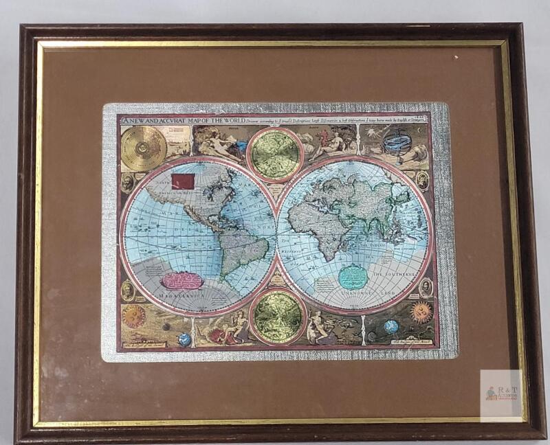 Framed "A New and Accurate Map of the World" Print, After John Speed, Decorative Double-Hemisphere