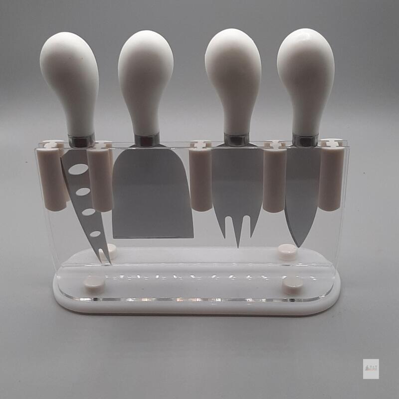 4-Piece Cheese Knife Set with White Handles and Holder As new
