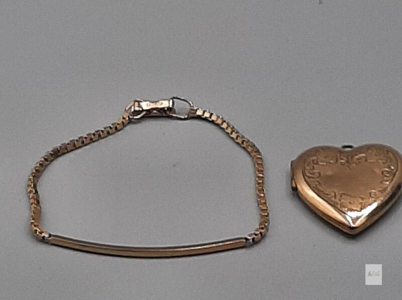 Avon Gold-Tone ID Bracelet & Heart-Shaped Engraved Locket Pendant,