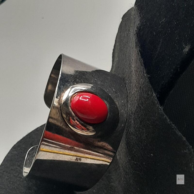 Wide Silver-Tone Cuff Bracelet, Red Oval Cabochon, 1.25" Wide, Vintage Mid-Century Style