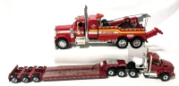 Diecast Model Trucks: #51 Fire Truck "Heavy Equipment Battalion" & 2007 First Gear Inc Flatbed Transport Truck & Bed.