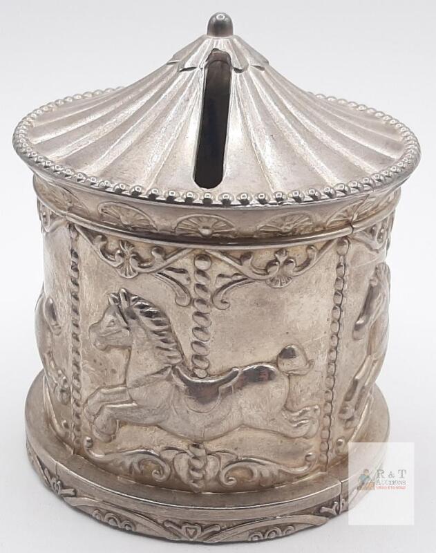 Leonard Silver-Plated Carousel Coin Bank, Made in Italy, 1970s&ndash;1980s, 3" x 4"