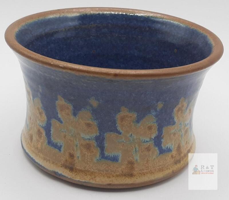 Florenz Australian Studio Pottery Blue Tan Stoneware Crock/Planter/Bowl