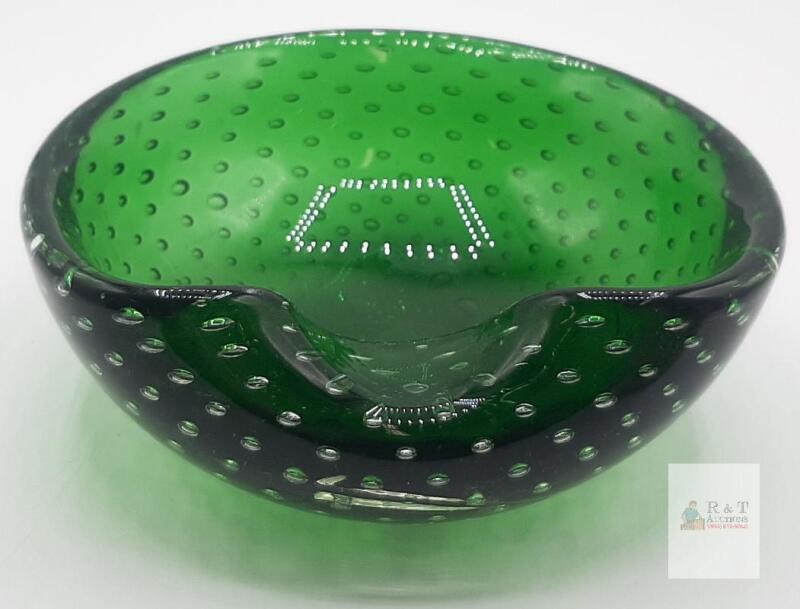 Murano Style Green Bullicante Glass Ashtray, Controlled Bubble, Italy, 4" Diameter