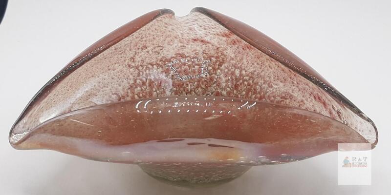 Murano Style Pink Bullicante Art Glass Tri-Corner Bowl, 7 in, Hand-Blown Italy
