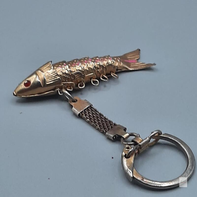 Vintage Articulated Fish Keychain &ndash; Gold-Tone Metal with Enamel Accents