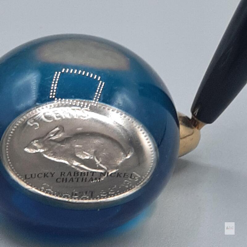 Vintage 1961 Chatham "Lucky Rabbit Nickel" Blue Glass Desk Bell/Paperweight