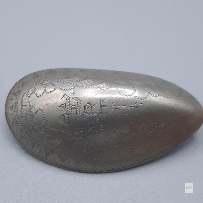 Antique Silver-Tone Oval Engraved Brooch Pin, Gothic "Net", Domed Hand-Etched Design, C-Clasp