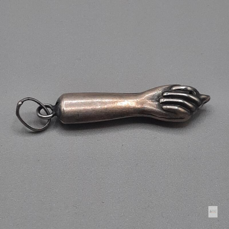 Vintage Silver Hand/Arm Charm Pendant, Patinated, 1.5 in, Traditional Design, Amulet Jewelry