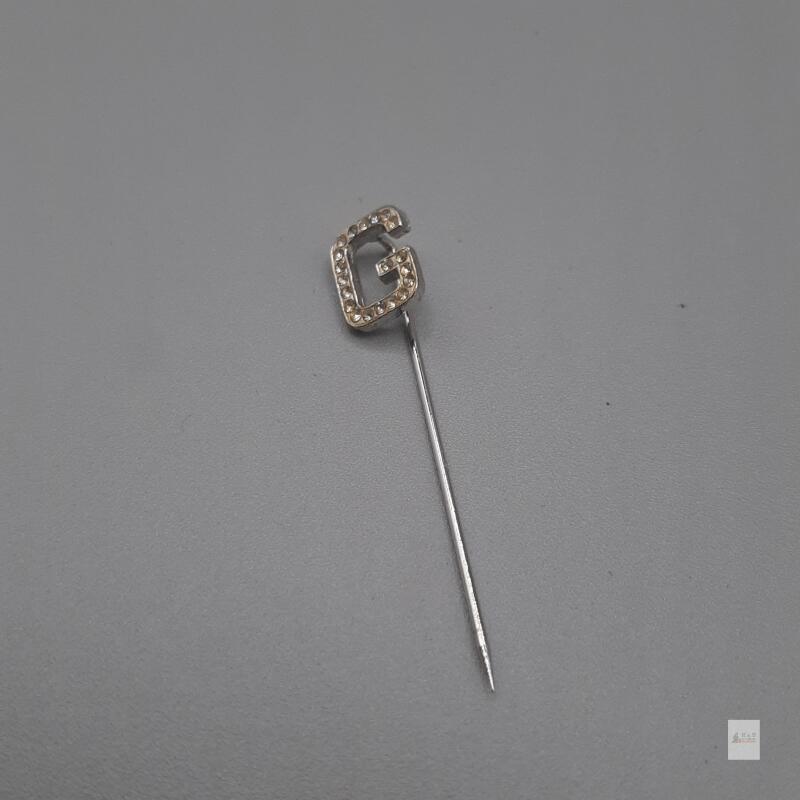 Silver-Tone "G" Initial Stick Pin with Clear Rhinestones, 2.4" Length, Lapel or Tie Accessory