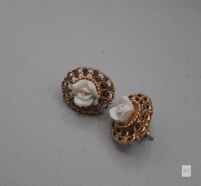 Vintage Porcelain Rose Gold-Tone Filigree Stud Earrings, 0.7" Diameter