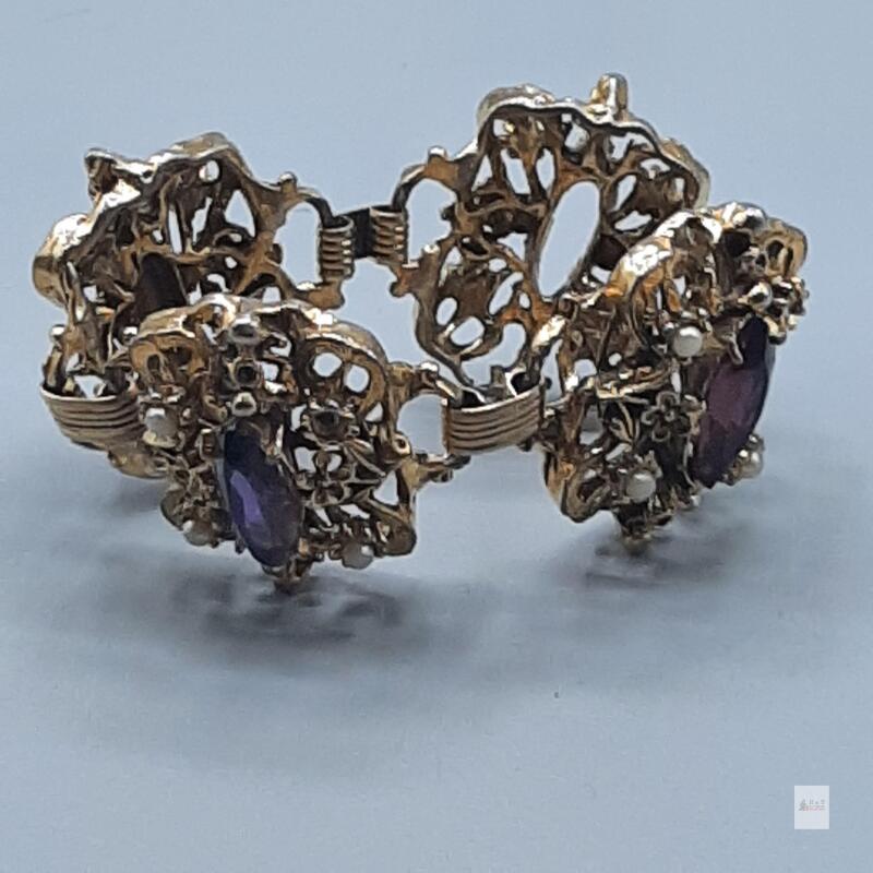 Vintage Ornate Filigree Link Bracelet, Purple Marquise Stones, Faux Pearls, 1950s-1970s, as is