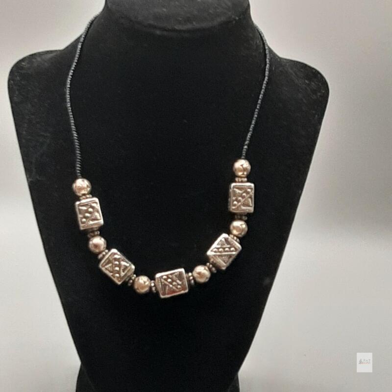 Tribal Artisan Silver Bead Necklace, Geometric Engraved Cubes, 17 in, Screw Clasp, Black Thread