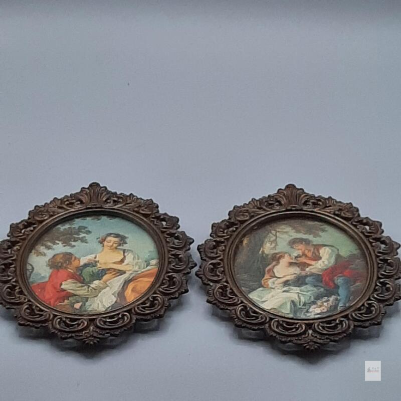 Ornate Italian Brass Framed Rococo Romance Print Pair by Action, 6.5"x5.5" Handcrafted