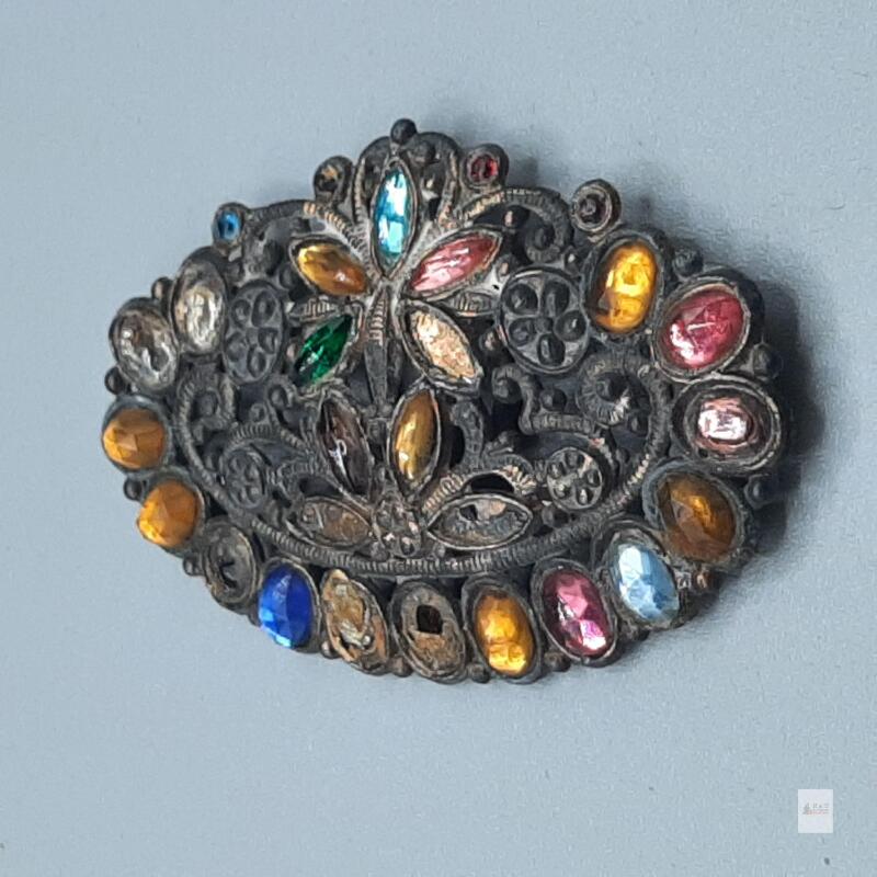 Victorian-Edwardian Multicolor Jeweled Sash/Belt Buckle, Filigree Design, 2.5 in Wide- check photos for condition
