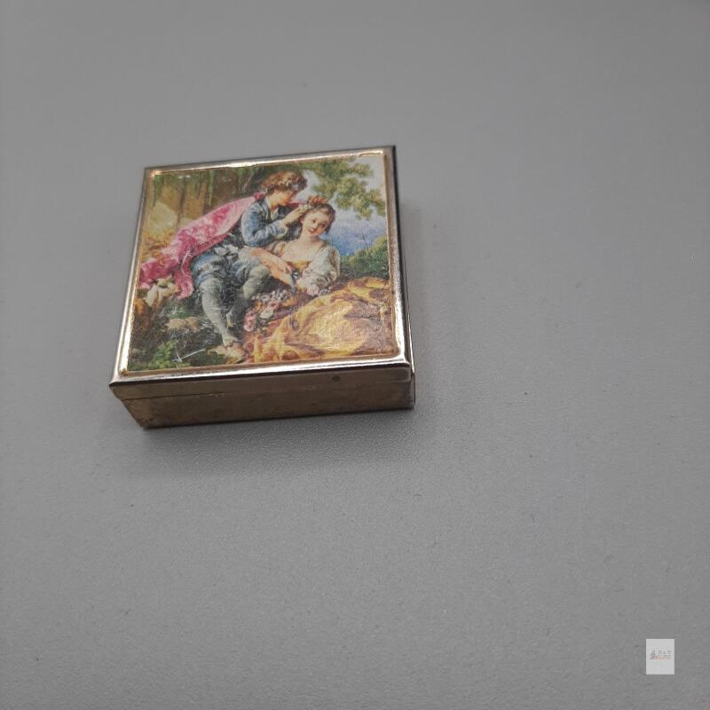 Decorative Hinged Metal Pill Box, 1.9" Square, Dual Ceramic Compartments, Rococo Art, Made in China
