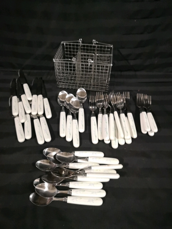 Vintage Corelle Cutlery with Holder - Shadow Iris pattern