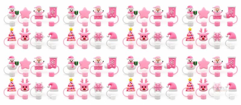 8 Sets of Pink Christmas Straw Toppers &ndash; 64 Pieces New each set packaged