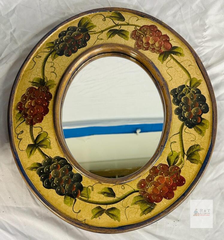 Hand-Painted Decorative Wall Mirror with Grape Motif, Wooden Frame