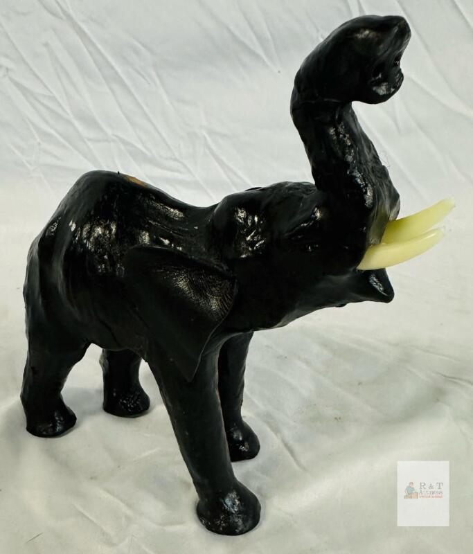 Black Elephant Figurine, Trunk Up, Mid-Sized Decorative Sculpture, Wood or Resin, 7" tall