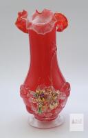 Hand-Blown Red Art Glass Vase Applied Floral Detail Ruffled Rim Murano Style